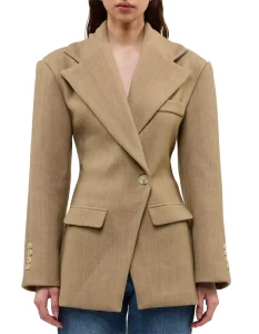 Elegant Women Business Suit Beige Waist Cinched Single Breasted Blazer Button Detail Worsted Fabric for Office Casual Wear