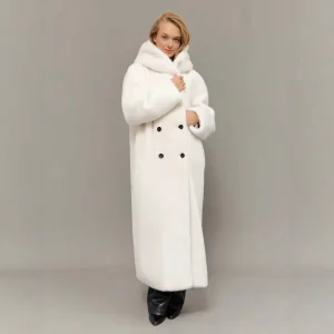 Elegant Women Plush Faux Rabbit Fur Overcoat Belted Long Faux Fur Coat