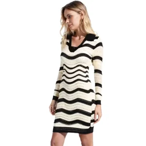 Elegant Women’s Black White Striped V Neck Midi Dress Short Sleeve Knit Wave Pattern Office Casual Daily Dress Summer Natural