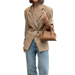 Elegant Women’s Blazer Fashion V neck Metal Double breasted Sashes Solid Wisteria Woven Business Suit for Office Ladies
