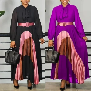 Elegant Women’s Casual Color Blocking Long Sleeve A line Pleated Dress African Dresses for Women Clothing