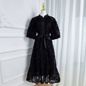 Elegant Women’s Casual Mini Fashion Puff Sleeve Flower Ruffles Belt Single breasted Holiday Party Dress