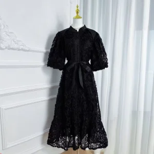 Elegant Women’s Casual Mini Fashion Puff Sleeve Flower Ruffles Belt Single-breasted Holiday Party Dress