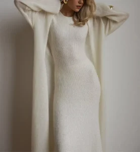 Elegant Womens Fuzzy Knit Two Piece Set Maxi Dress and Open Front Long Cardigan Simple Ribbed Knit Soft for Autumn Winter