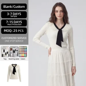 Elegant Women’s Long Sleeve Sweater with Solid Ribbed Lace Knit Top and Organza Ruffle Collar Neck Bow Breathable Design