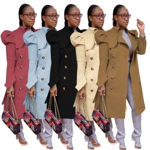 Elegant Women’s Long Trench Coat Puff Sleeve Lapel Overcoat Solid Color Casual Windbreaker Long Dust Coat for Spring Autumn