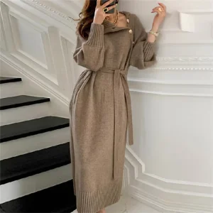 Elegant Women’s Midi Dress High Neck Long Sleeve Solid Color Knit Dress with Sash Tie Design