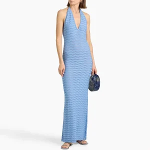 Elegant Women’s Neck Tie Deep V-Neck Sleeveless Knitted Hollow Out Slim Fit Backless Maxi Dress