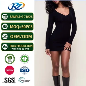Elegant Women’s Pure Black V neck Knitted Hip Skirt Long Sleeve Slim fit Nylon Wool Sweater Dress
