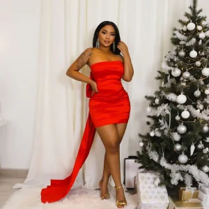Elegant Women’s Satin Bodycon Mini Dress Strapless Design with Long Draped Train for Birthday Party & Evening Wear