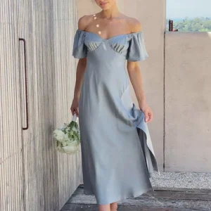Elegant Women’s Satin Solid Long Bohemian Style Ankle Split V Neck Puff Short Sleeve Long Dress