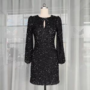 Elegant Women’s Sequined Mini Bodycon Dress Long Sleeve and Lace Decori Empire Waistline Anti Static Feature