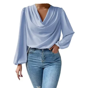 Elegant Women’s Shirts Fashion Blouse Spring Chiffon Loose Draped V Neck Top Office Lady Solid Shirt