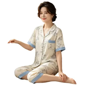 Elegant Women’s Sleepwear Summer Short sleeve 7 8 length Pants Lightweight Luxury style Loungewear