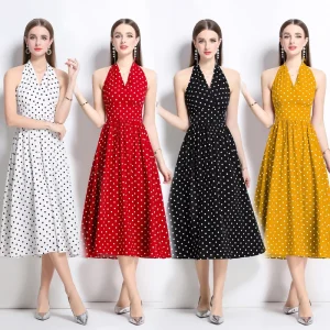 Elegant Women’s Slim Waist Halter V neck Sleeveless Polka Dots Print A line Medium Long Summer Dress