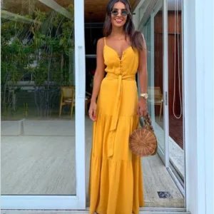 Elegant Women’s Summer Casual Long Dress Button V-Neck Sleeveless Maxi Dresses Beach Boho Clothing
