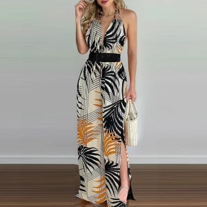Elegant Women’s Summer Casual One Piece Romper Multi Color Digital Print V Neck Sleeveless Backless Side Slit Wide Leg