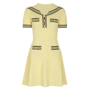 Elegant Women’s Vintage Lapel Short Sleeve Striped Casual Wear Summer Knitted A Line Mini Women’s Clothing