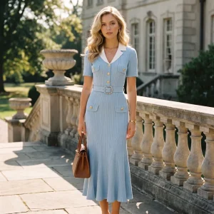 Elegant Women’s Viscose Knit Midi Dress White Contrast Lapel Collar Gold Buttons Pocket Belt Slim Fit Mermaid Hem Color Blocking