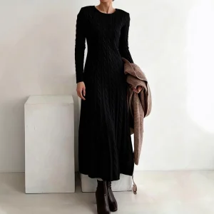 Elegant Womens Winter A-Line Crew Neck Cable Knit Maxi Dress Long Sleeve Slim Fit Soft Knit Sweater Casual Office Daily Wear