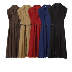 Elegant and Stylish Spring Summer Women’s Dress with Lapel Sleeveless Casual Belt Dress 5029168