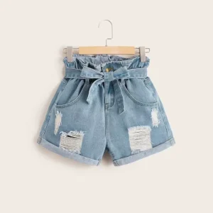 Embroidered Breathable Loose Waterproof Ripped Rolled Hem Denim High Waist Women’s Shorts