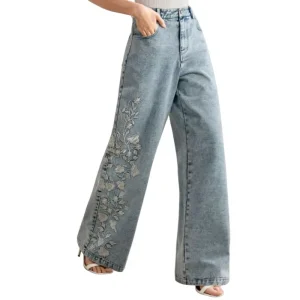 Embroidered Floral Design Ladies Loose Fitting Summer Jeans Wide Leg Spliced Denim Pants For Women OEM
