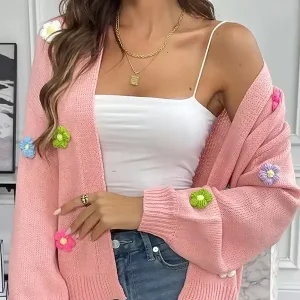 Embroidered Flowers Women’s Casual Floral Knitted Cardigan Sweater Jacket for Women