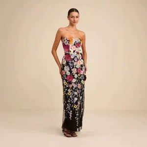 Embroidered Lace Flower Strapless A-line Floor Length Graduation Dress Women’s Slimming Celebrity Party Evening Dresses
