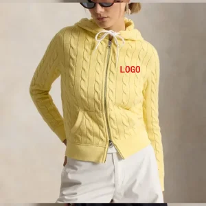 Embroidered R logo Cable Knit Women’s Cardigan Full zip Long Sleeve Twisted Knit Hooded Women’s Sweater Female Style
