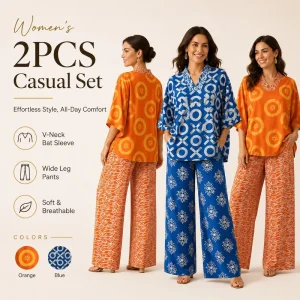 Ethnic Print Women’s 2 Piece Set V-Neck Batwing Sleeve Top and Wide Leg Pants Casual Loose Loungewear Modest Fashion Set