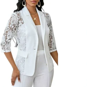 Europe America Cross Border Women’s Lace Anti Wrinkle Notched Collar Regular Fit Three Quarter Sleeve Casual Suit