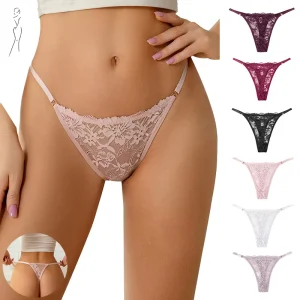 Europe America Cross border Sexy Lace Floral Breathable Knitted Transparent Nylon Cotton Thong Women Low rise Seamless