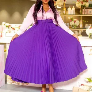 Europe and America Women’s New High Waist Long Pleated Skirt With Belt