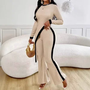 European American Cross-border Spring Summer Women’s Fashion Solid Long Sleeve Side Split T-shirt Stitching