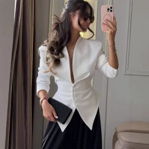 European American Cross border Women’s Solid Slim Asymmetric Small Suit Jacket Long sleeved Fashionable Elegant Top