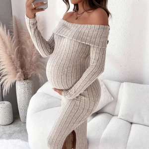 European American Maternity Wear Export Autumn Winter Off Shoulder Backless Slim Fit Bodycon Long Sleeved Knitted Dress