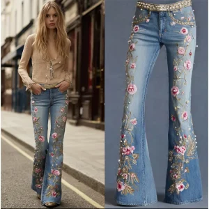 European & American New 3D Digital Printed Women’s Fashion Elegant Eye Catching Slimming Flare Jeans Custom OEM ODM
