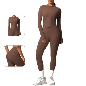 European American Nude Zipper Jacket And Quick Drying High Waist Flap Pocket Pants Sports Running Fitness Two Piece Yoga Set