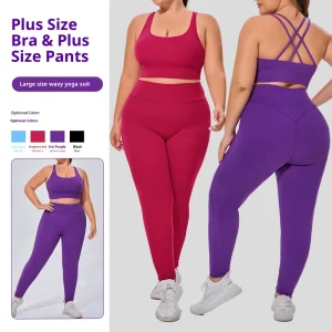 European American Plus Size Women’s Solid 2 Piece Sportswear Set Naked Feel High Elastic Breathable Yoga Wear Four Way Front