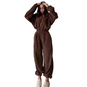 European American Spring Autumn Women’s Fashion New Polyester Straight Type Long Sleeve Jumpsuit Casual Half-Open Front Jumpsuit