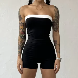 European American Street Style Women’s Sleeveless Tube Sexy Nightclub Outfit Bodycon T Shirt Patchwork Design Off Shoulder