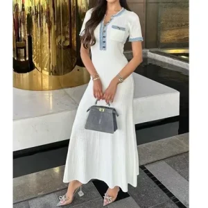 European American Style Nylon Tassel Trim Stitching Neck Metal Buckle Thick Knitted Summer Dress Women’s Stretchy Tight Hip