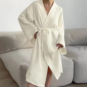 European & American Style Pure Cotton Breathable Cardigan Tie-Front Robe Long-Sleeved Long-Length Women’s Loungewear