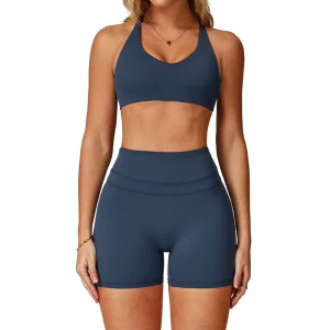 European American Style Solid Brushed Fabric Tight-Fitting Sweat-Wicking High-Stretch Mid-Waisted Front 2-Piece Yoga Running