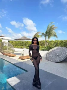 European American Style Summer New Sexy Women’s Dress Slim-fit Mesh Collarless Translucent Off-shoulder Long-sleeve High