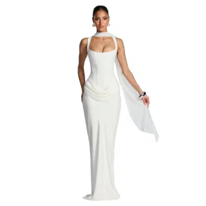 European American Style Women’s Casual Sleeveless Slim-Fit Pleated Polyester Spandex Fishtail Skirt Maxi Dress Solid Dress