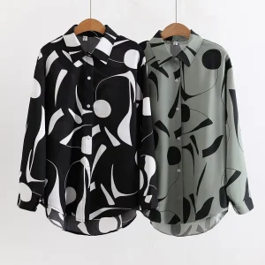 European American Style Women’s Floral Print Long-Sleeved Loose Lapel Casual Shirt for Autumn
