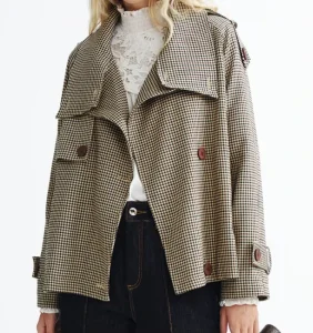 European American Style Women’s Plaid Jacket Double Breasted Cropped Trench Coat Notched Collar Belted Casual Street Office Coat