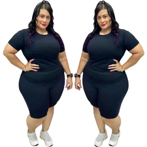 European American Style Women’s Plus Size Summer Clothing New Fashion Casual Short Sleeve Set Above Knee Length in Stock